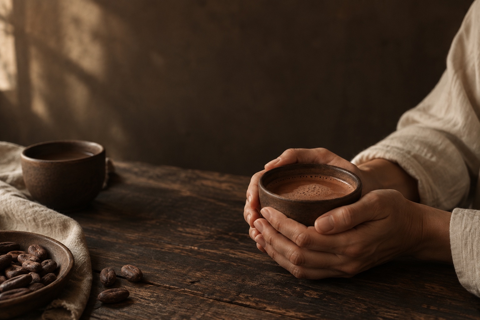 Hands holding a handmade clay cup of cacao in warm natural light.